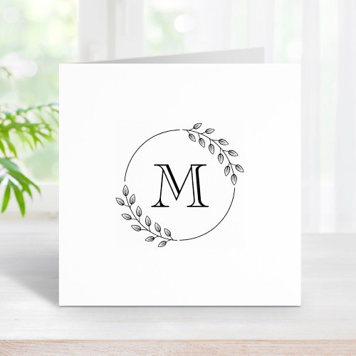 Round Leaves Wreath Monogram Initial 1x1 Rubber Stamp