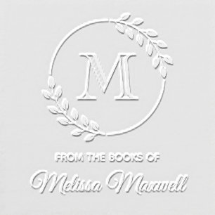 Round Leaves Wreath Monogram Initial Bookplate Embosser