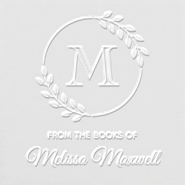 Round Leaves Wreath Monogram Initial Bookplate Embosser (Design)
