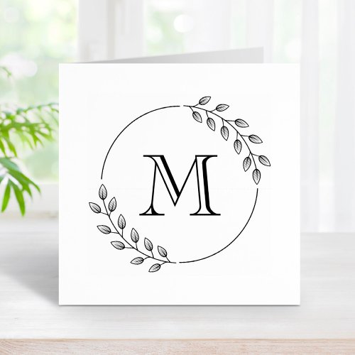 Round Leaves Wreath Monogram Initial Rubber Stamp