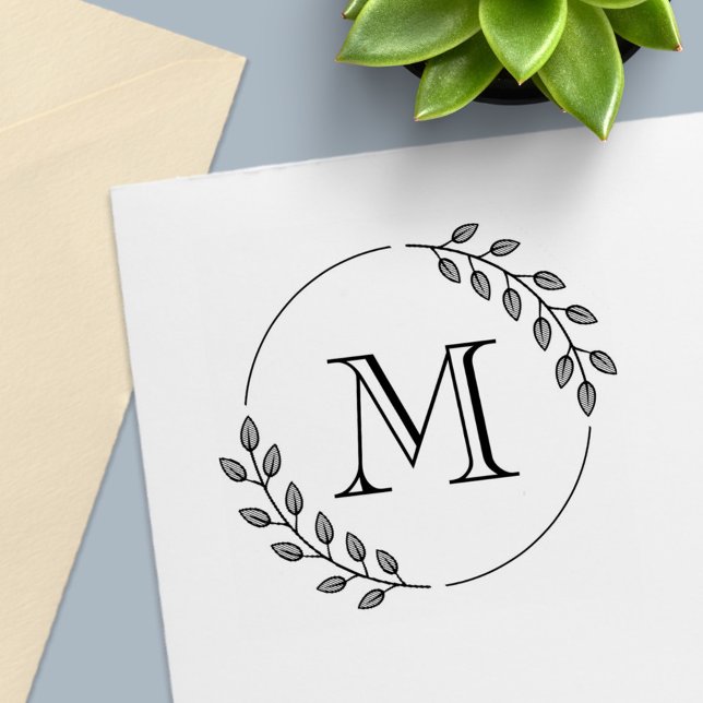 Round Leaves Wreath Monogram Initial Self-inking Stamp (Creator Uploaded)
