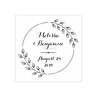 Round Leaves Wreath Wedding Save the Date Rubber Stamp