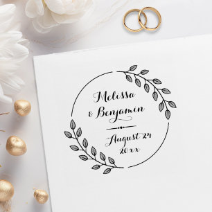 Round Leaves Wreath Wedding Save the Date Rubber Stamp