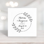 Round Leaves Wreath Wedding Save the Date Rubber Stamp<br><div class="desc">A simple line art of a round floral wreath circling a text. Customize with names and a date.</div>