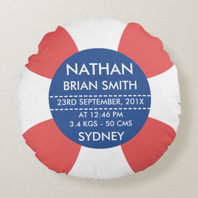 Round Life Bouy Birth Announcement Cushion (Front)