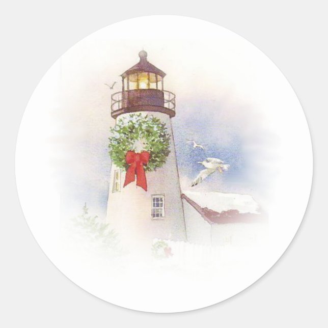 Round Lighthouse Christmas Sticker (Front)