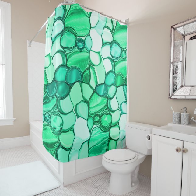 Round like stones in shades of clear green to mint shower curtain (In Situ)