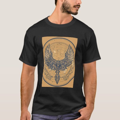 Round Line Art Wings Printed Basic T_Shirt