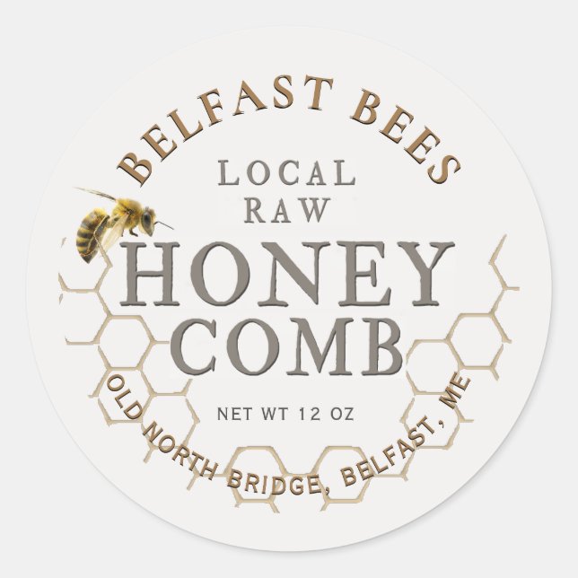 Round Local Honeycomb with Realistic Bee Label (Front)