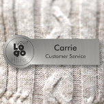Round Logo Brushed Radial Metallic Silver Name Tag<br><div class="desc">Easily personalize this custom name tag with your own company logo, employee name, job title, or other custom text. It's plastic and available with a safety pin back or a magnetic back fastener (do not use magnet with pacemakers)., and features a platinum silver simulated metallic gradient print. No minimum order...</div>