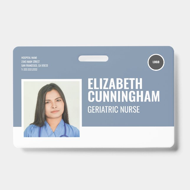 Round Logo Nurse Photo Name Barcode Horizontal Badge (Front)