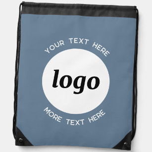 Round Logo Text Promotional Business Blue Gray Drawstring Bag