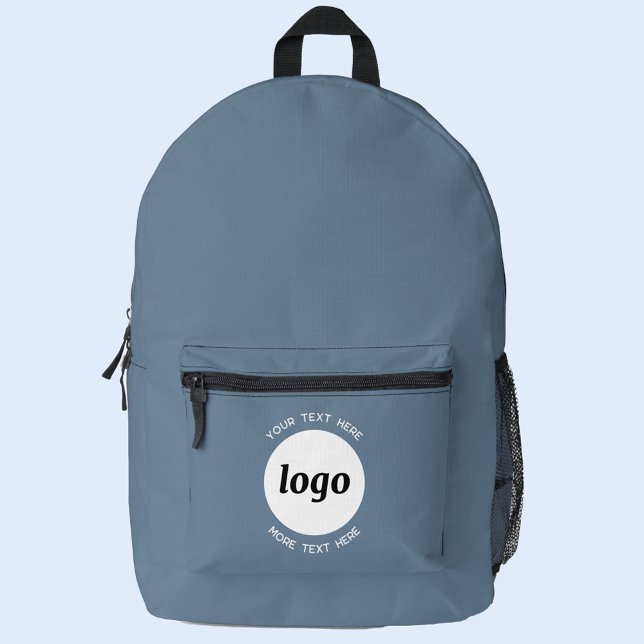 Round Logo Text Promotional Business Blue Gray Printed Backpack (Simple logo with custom text business promotional backpack)