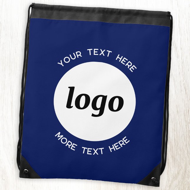 Round Logo Text Promotional Business Navy Blue Drawstring Bag (Simple logo with text navy blue business promotional drawstring backpack)