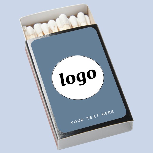 Round Logo with Text Promotional Business Blue Matchboxes (Logo with custom text business promotional dusty blue gray matchbox)
