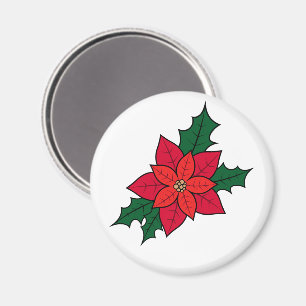 Round Magnet With A Red Christmas Poinsettia