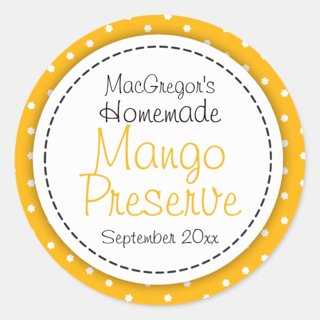 Round Mango preserve or jam jar food label (Front)