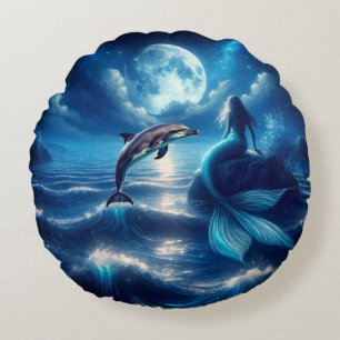 Round Mermaid and Dolphin Throw Pillow