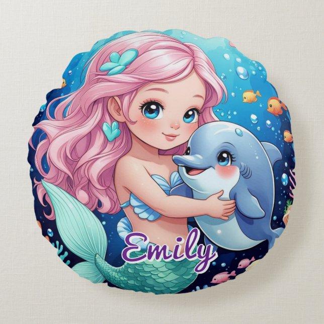 Round Mermaid & Dolphin Pillow – Personalized Gift (Front)