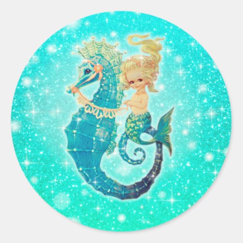 Round Mermaid Seahorse Aqua Stickers