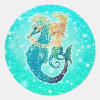 Round Mermaid Seahorse Aqua Stickers
