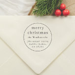 Round Merry Christmas Family Name & Return Address Self-inking Stamp<br><div class="desc">A self-inking stamp with a circular design. There is a round line border around the design. Inside, at the top, "merry christmas" or the greeting of your choice is written in simple serif typography. Your family name appears below in serif italics. At the bottom, your return address or contact details...</div>