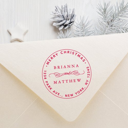 Round Merry Christmas Holiday Return Address Rubber Stamp