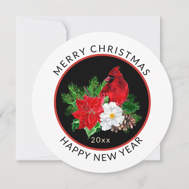 Round, Minimal Christmas Red Cardinal Holiday Card (Front)