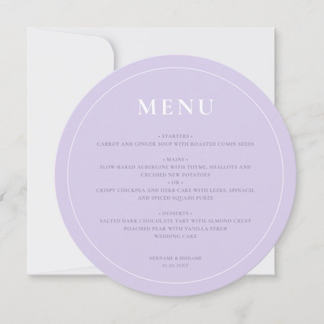 Round Modern Simple Lavender Lilac Wedding Menu (Front)