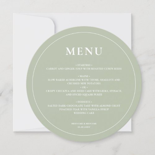 Round Modern Simple Sage Green Wedding Menu Round Modern Simple Sage Green Wedding Menu