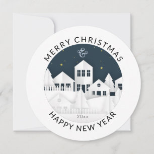 Round Modern White Winter Village Christmas Holiday Card