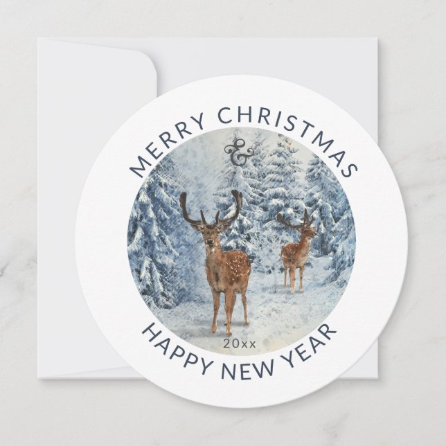 Round  Modern |  Winter Forest w/Deer | Christmas  Holiday Card (Front)