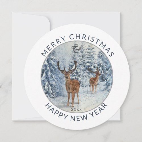 Round  Modern   Winter Forest wDeer  Christmas  Holiday Card