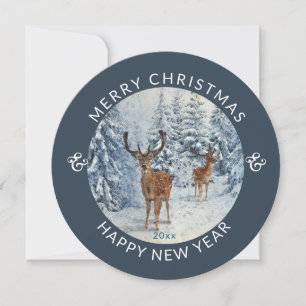 Round  Modern    Winter Forest w/Deer   Christmas  Holiday Card