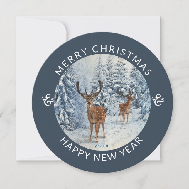 Round  Modern |  Winter Forest w/Deer | Christmas  Holiday Card (Front)
