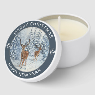 Round Modern Winter Forest w/Deer Christmas Mini Candle Favors