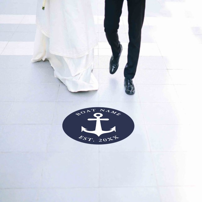 Round Nautical Anchor Navy Blue & White Boat Name Floor Decals (Wedding)