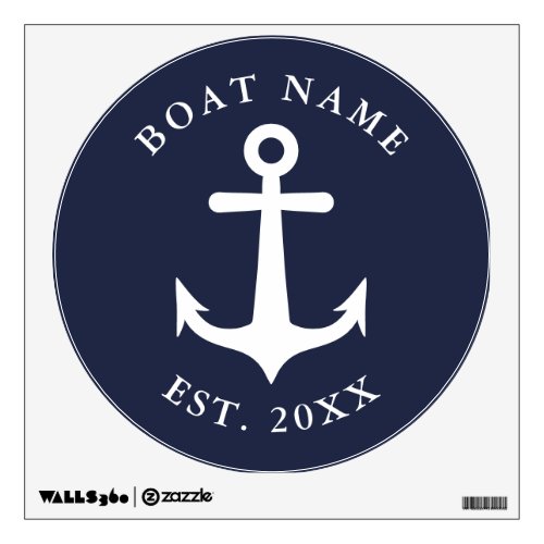 Round Nautical Anchor Navy Blue  White Boat Name Wall Decal