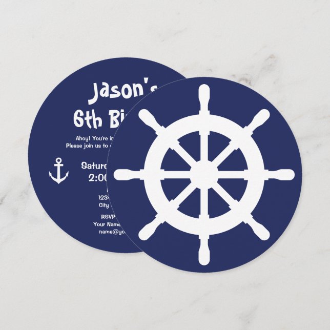 Round nautical kids Birthday party invitations (Front/Back)