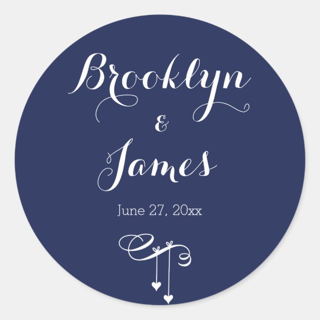 Round Navy Blue Wedding Stickers With Hearts (Front)