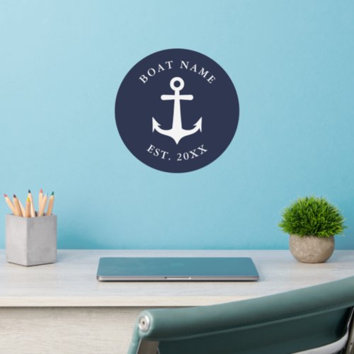 Round Navy Blue  White Boat Name Anchor Nautical Wall Decal