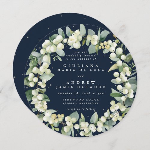 Round Navy SnowberryEucalyptus Wreath Wedding Invitation