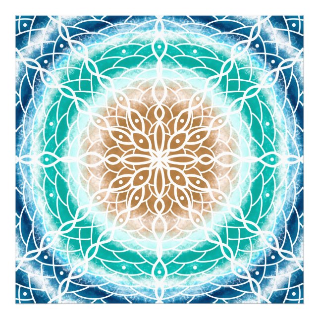 Round Ocean Waves Mandala Teal and Turquoise Photo Print (Front)