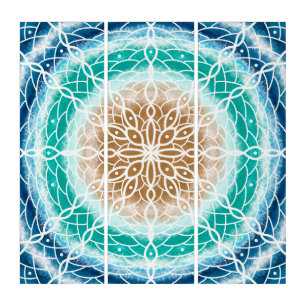 Round Ocean Waves Mandala Teal and Turquoise   Triptych