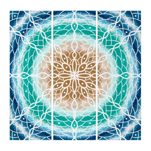 Round Ocean Waves Mandala Teal and Turquoise   Triptych