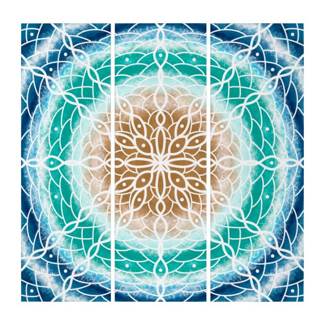 Round Ocean Waves Mandala Teal and Turquoise   Triptych (Front)