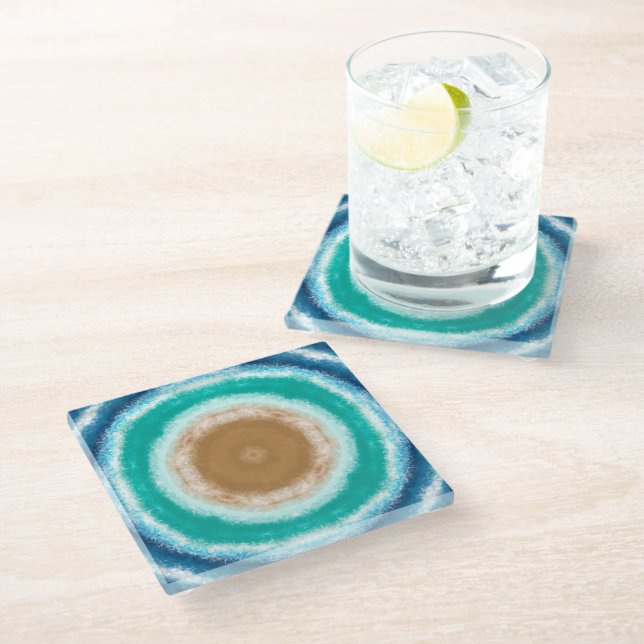 Round Ocean Waves Teal and Turquoise  Glass Coaster (Angled)