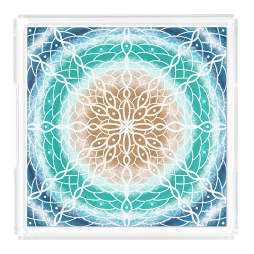 Round Ocean Waves Teal and Turquoise Mandala Acrylic Tray