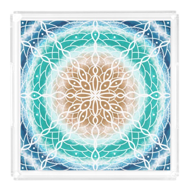 Round Ocean Waves Teal and Turquoise Mandala Acrylic Tray (Front)