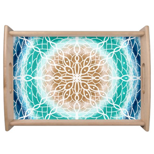 Round Ocean Waves Teal and Turquoise Mandala    Serving Tray